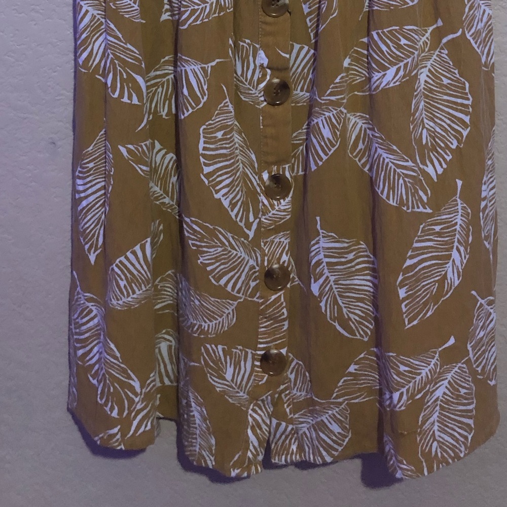 mustard palm leaf button down sundress